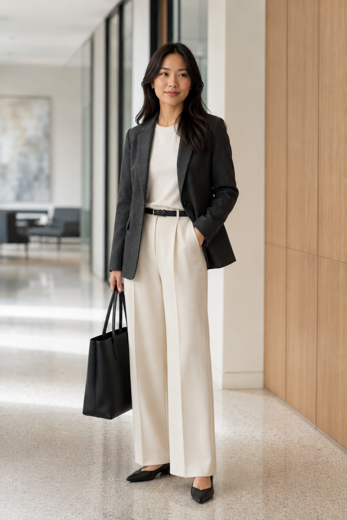 Quiet Luxury Polish, Cream Trousers and Charcoal Blazer